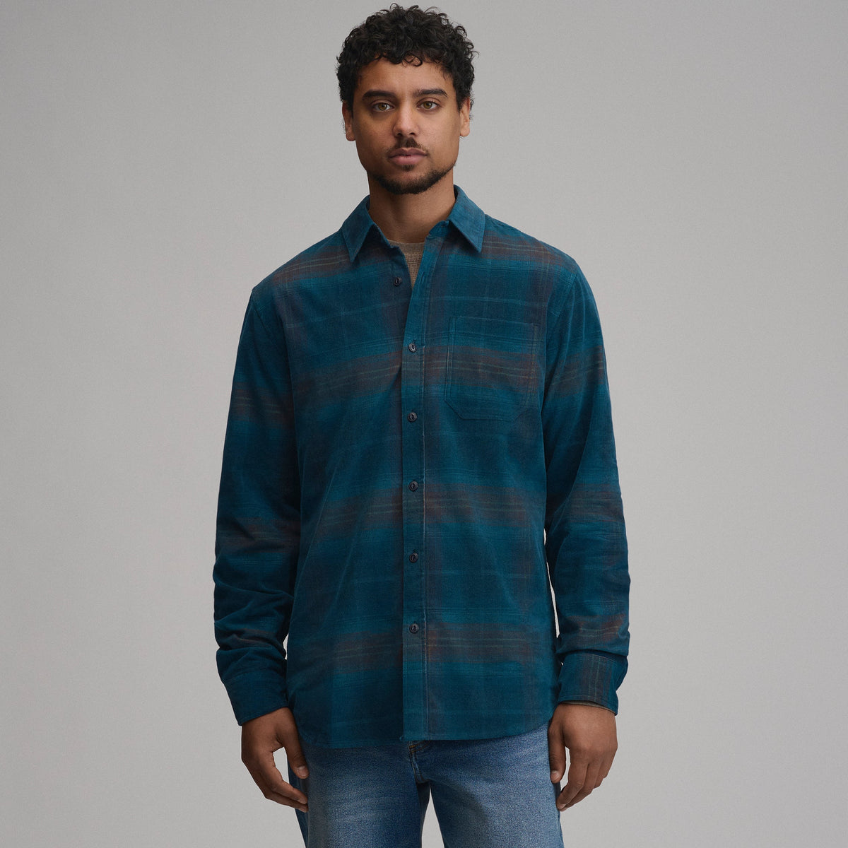 Men's Long-Sleeve Fine Wale Corduroy Shirt - Plaid