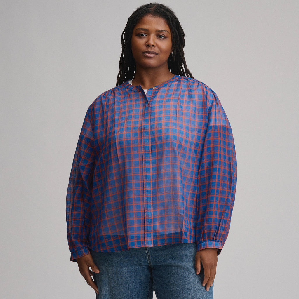 Women's Long-Sleeve Collarless Button-Down Shirt