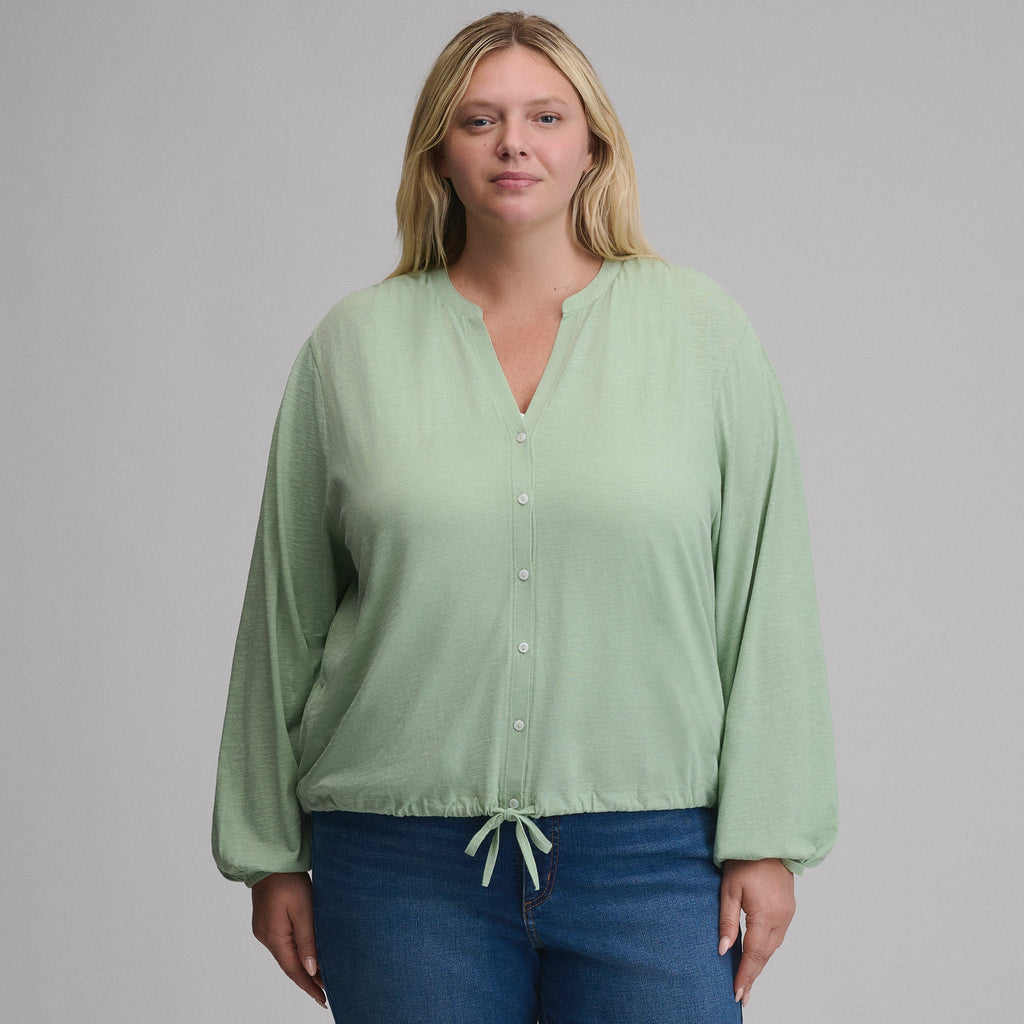 Women's Long-Sleeve Button Front Drawstring Hem Top