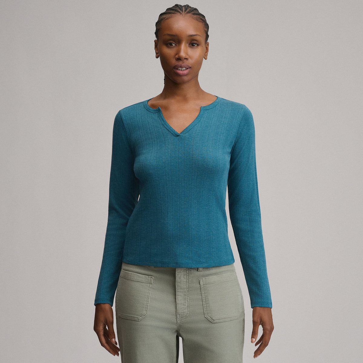 Women's Pointelle Notch-Neck Long-Sleeve Crew