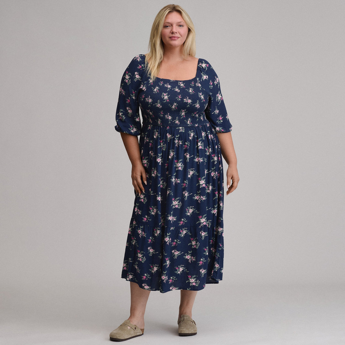Women's Printed 3/4 Sleeve Smocked Bodice Dress