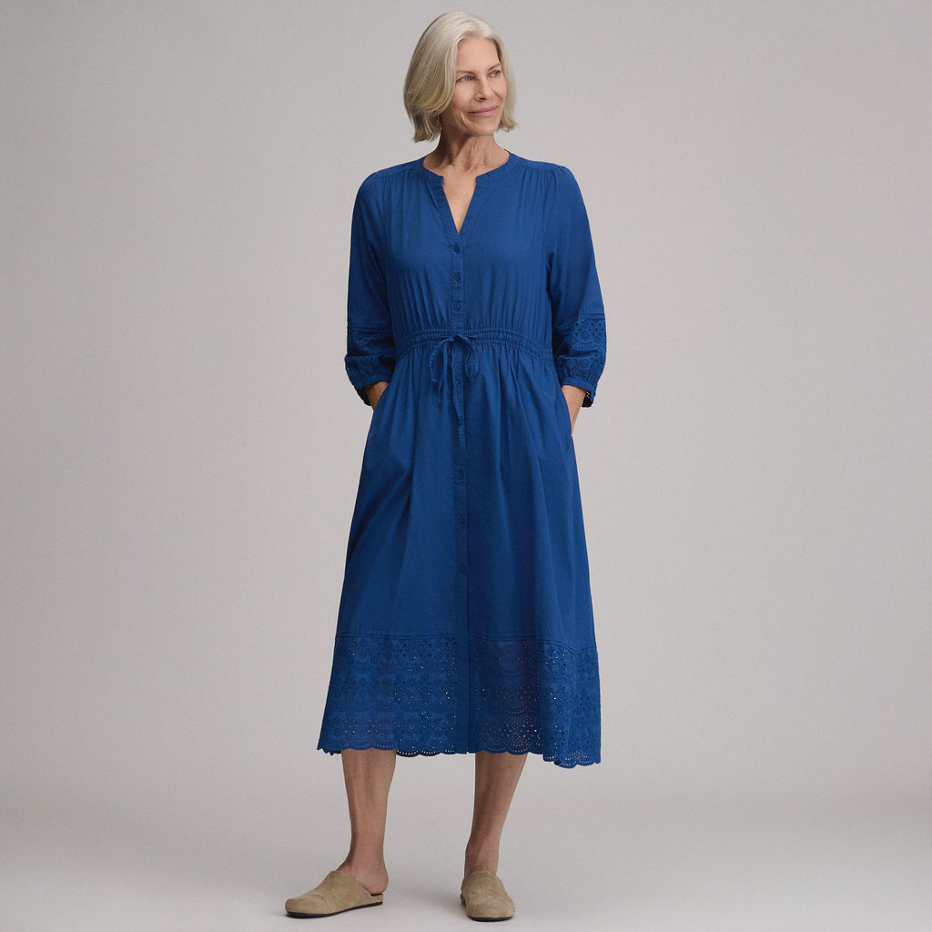 Women's 3/4 Sleeve Eyelet Button Front Belted Dress