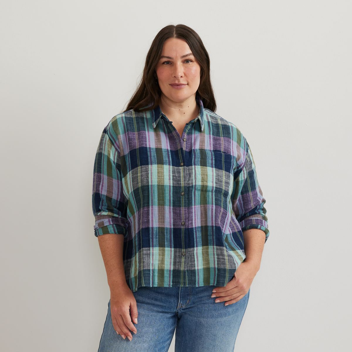Women's Cotton Slub Plaid Long-Sleeve Shirt