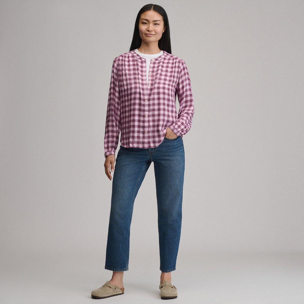 Women's Long-Sleeve Collarless Drapey Plaid Button-Down Shirt