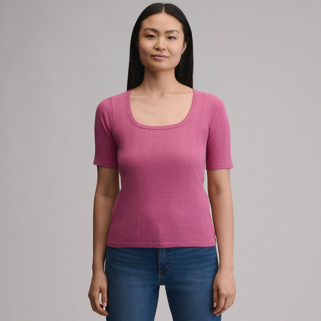 Women's Short-Sleeve Pointelle Square-Neck Crew