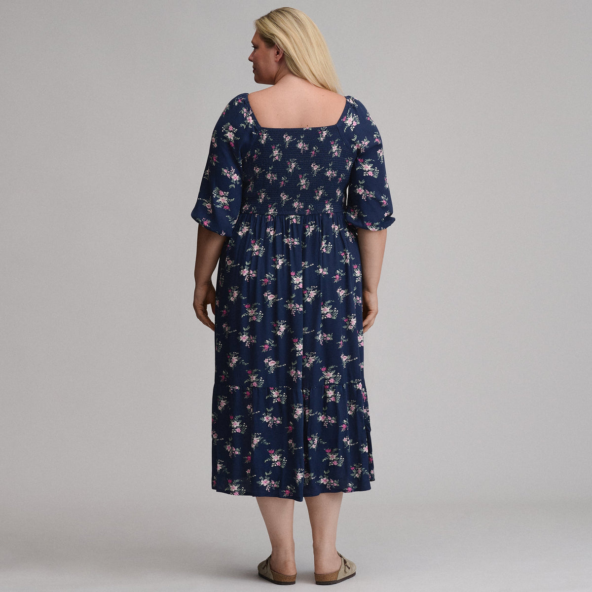 Women's Printed 3/4 Sleeve Smocked Bodice Dress