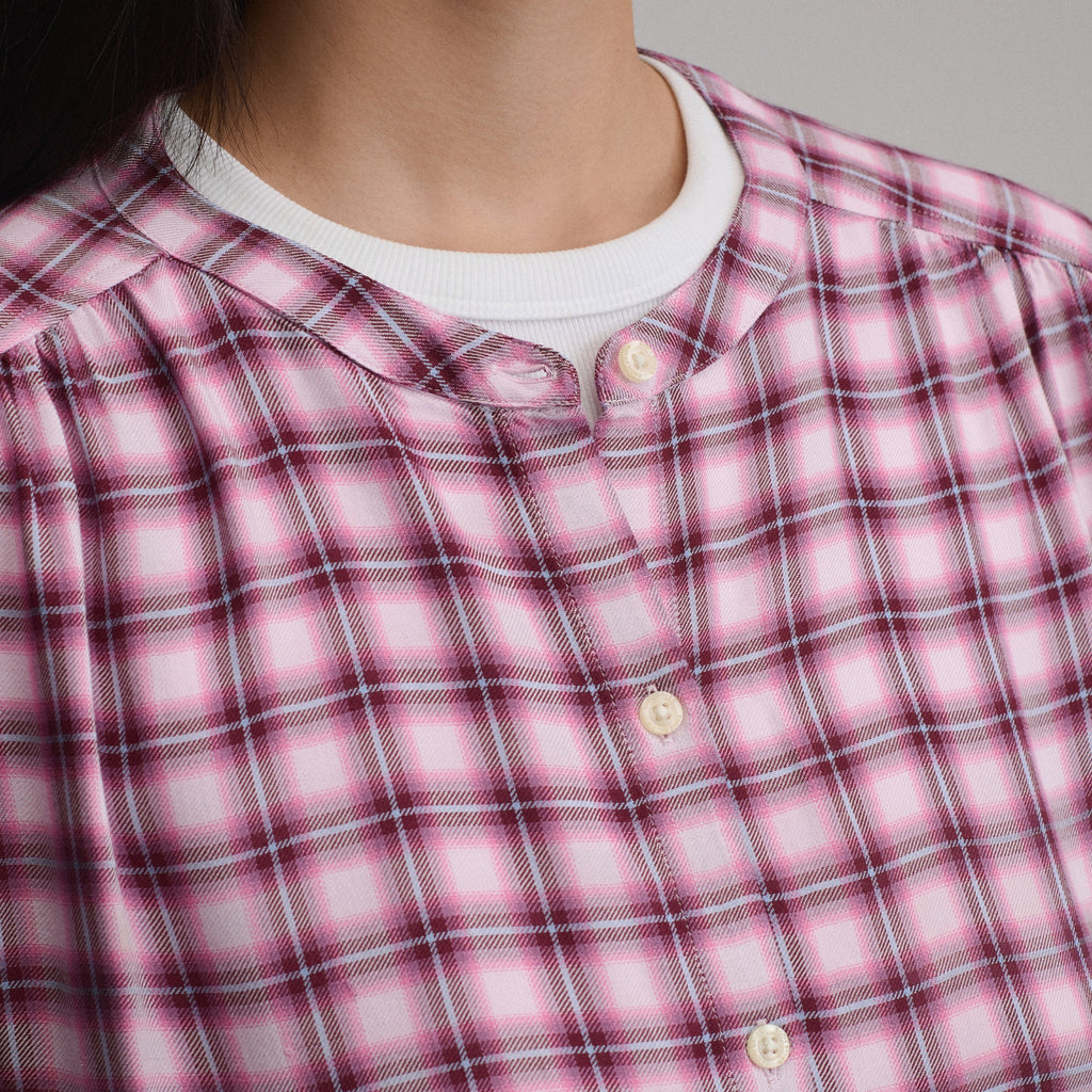 Women's Long-Sleeve Collarless Drapey Plaid Button-Down Shirt