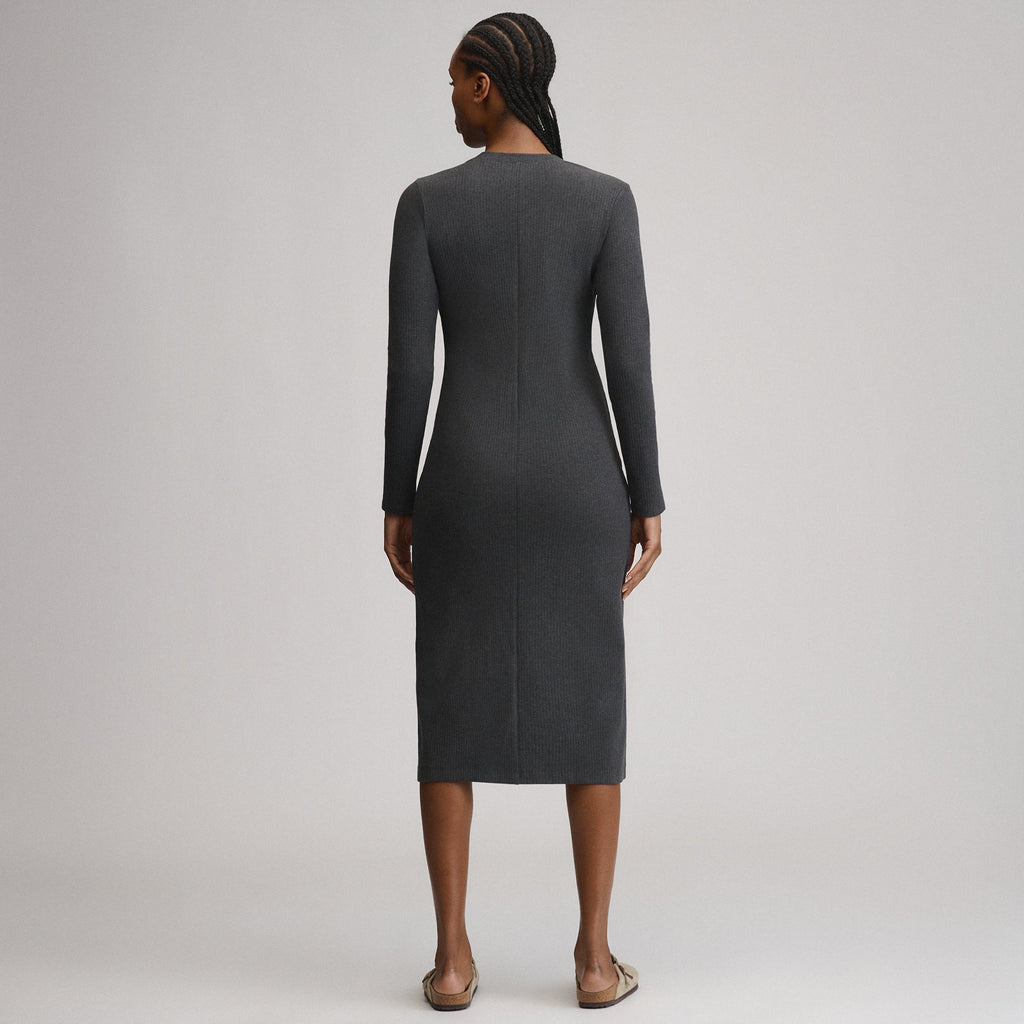 Women's Long-Sleeve Button Front Ribbed Knit Midi Dress