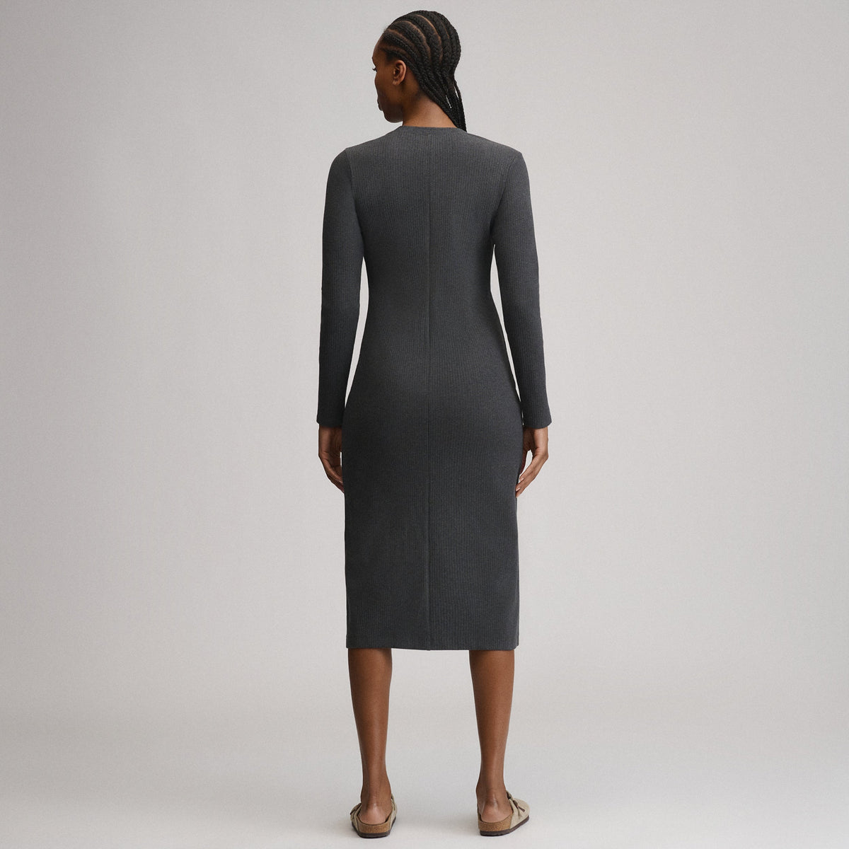 Women's Long-Sleeve Button Front Ribbed Knit Midi Dress